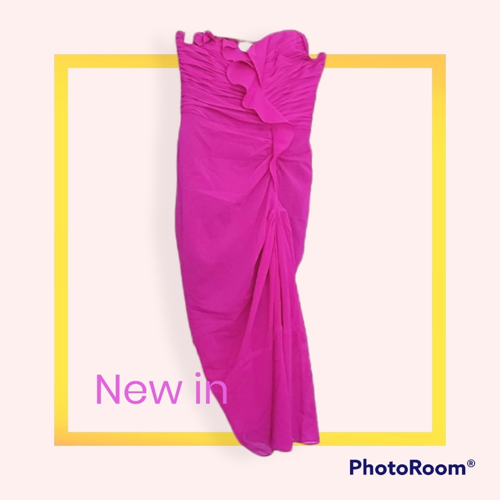 Badgley Mischka Silk Strapless Fuchsia Ruched Ruffle Mini Dress Gown 0